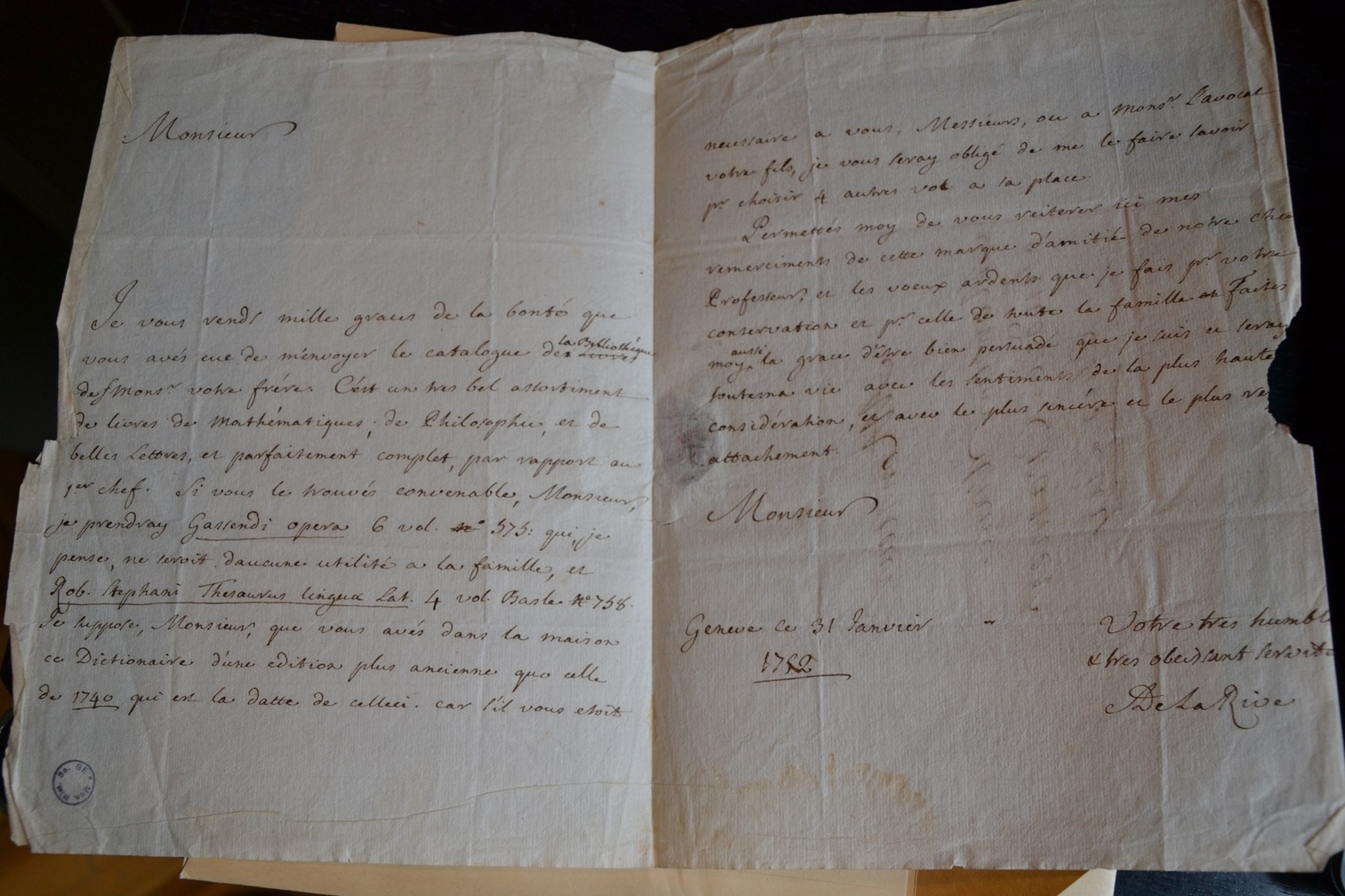 Lettre d’Ami de la Rive à Jean Cramer