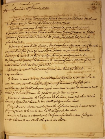 Testament olographe de Gabriel Cramer